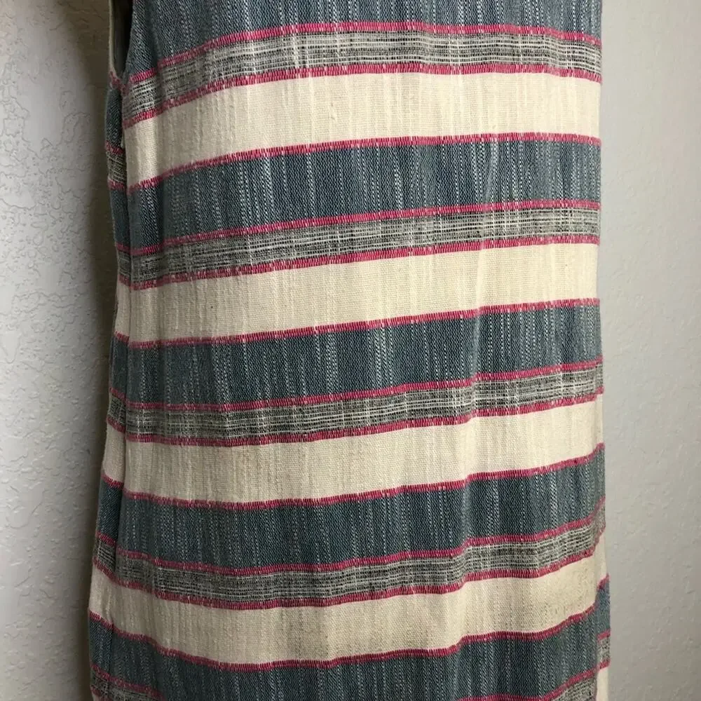 Anthropologie Holding Horses cream chambray blue pink fringe trim dress size 12